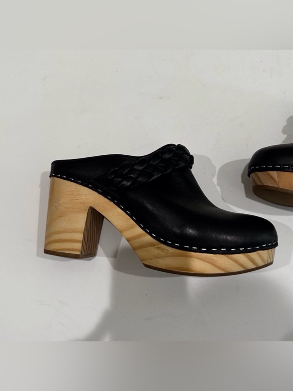 Dolce Vita Black Leather Braided Clog Mules with Wooden Platform Shoes NWOT - Picture 10 of 15